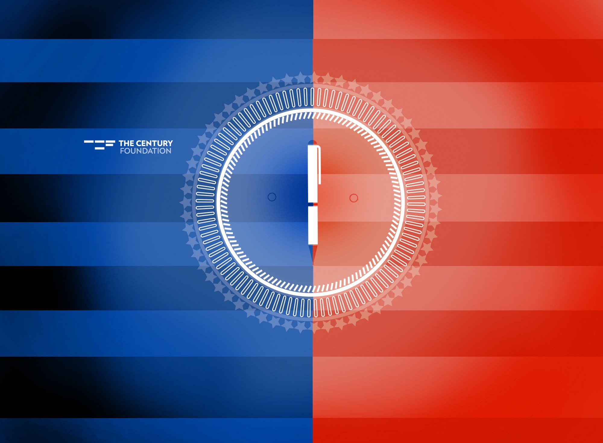 a red and blue background with a clock on it