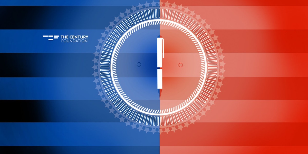 a red and blue background with a clock on it