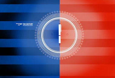 a red and blue background with a clock on it