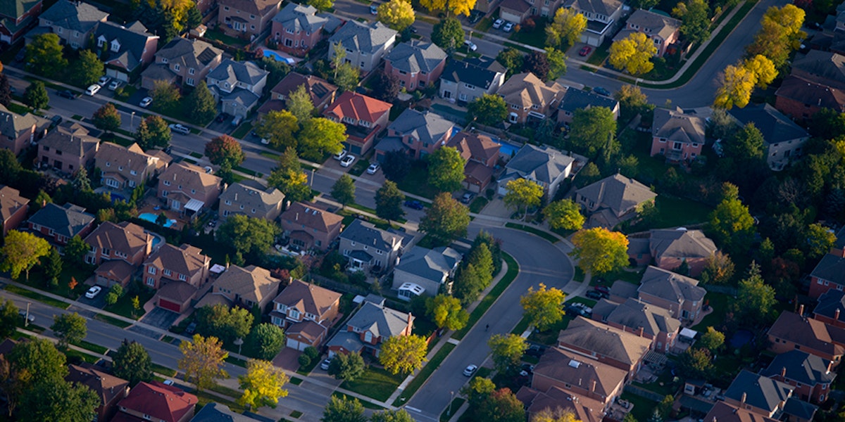 An aerial view a suburban grid of houses