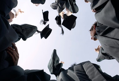 Graduation caps in tossed in the air