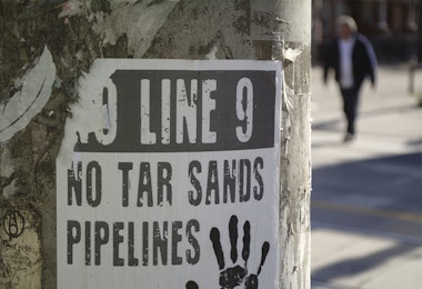 a no tar sands pipeline sign posted on a tree