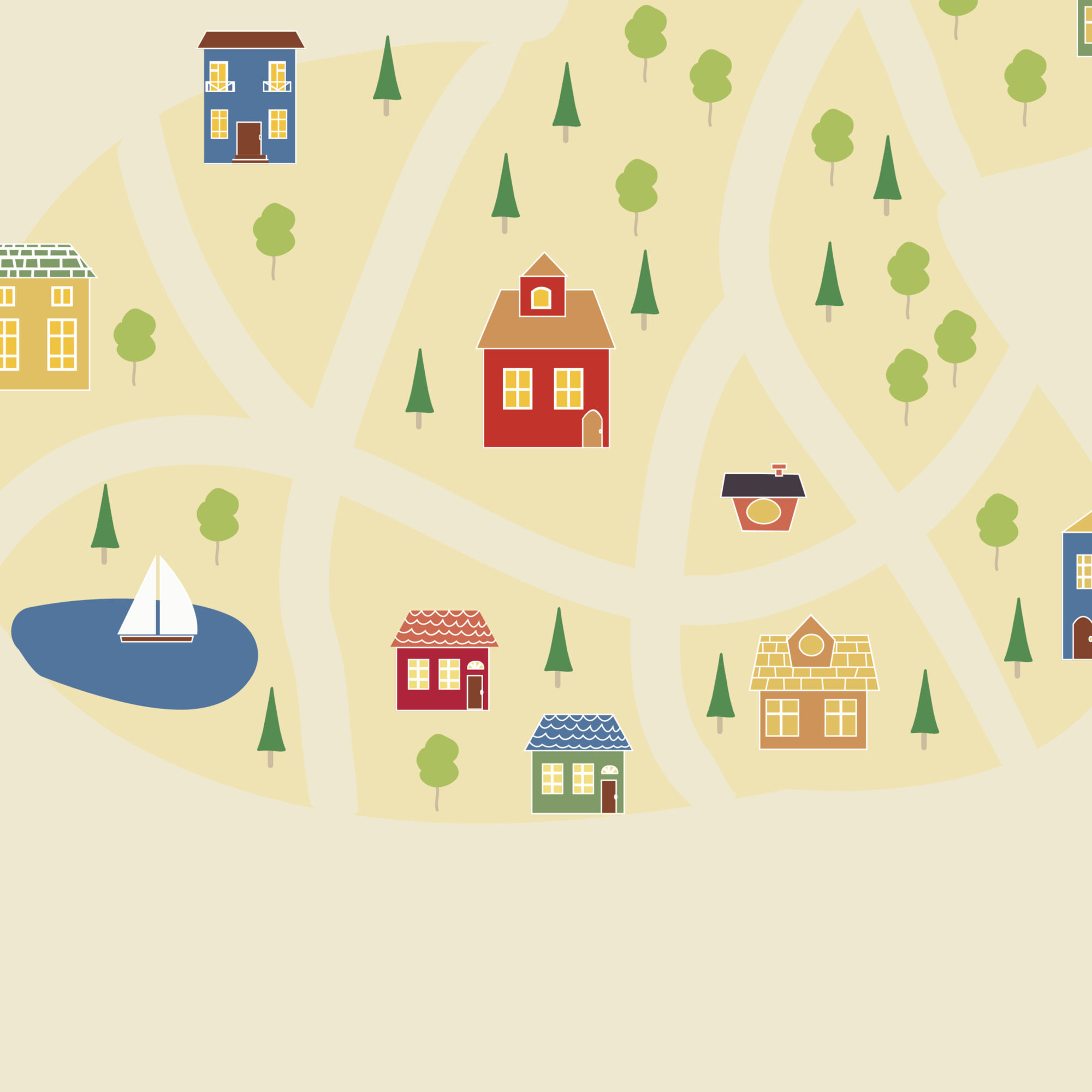 a map of a town with houses and trees