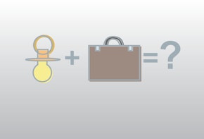 Graphic of a equation adding a baby pacifier and a brief case equaling a question mark
