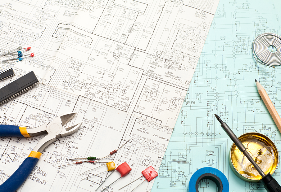 a table topped with lots of tools on top of a blue table
