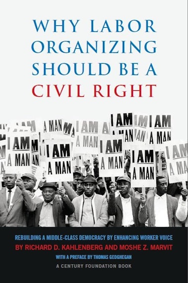 a book cover with a group of men holding signs