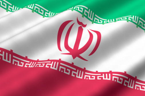 Detailed 3d rendering closeup of the flag of Iran.  Flag has a detailed realistic fabric texture.