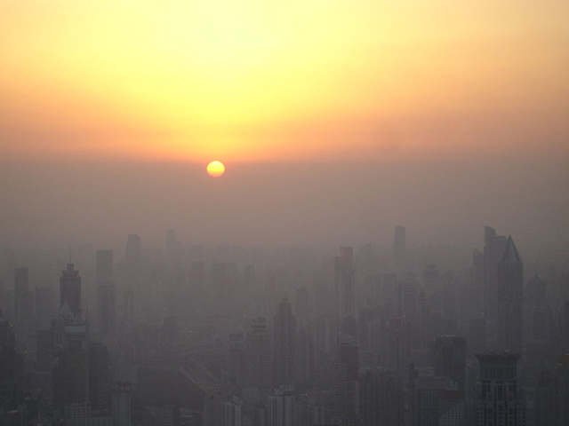 Aerial photograph of a hazy city