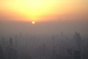 Aerial photograph of a hazy city