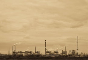 Sepia-toned view of old chemical factory