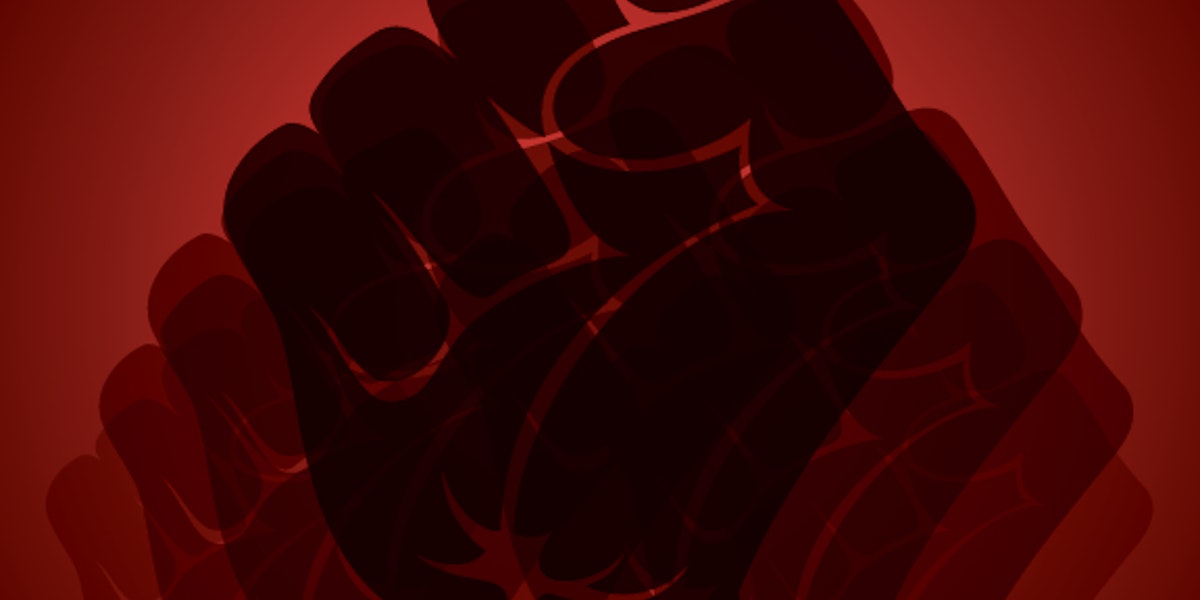 a red background with a black silhouette of a fist