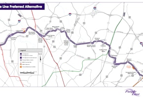 a map of a road that has a purple line on it