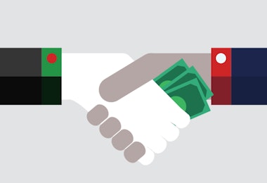 Graphic of a handshake with money in hand