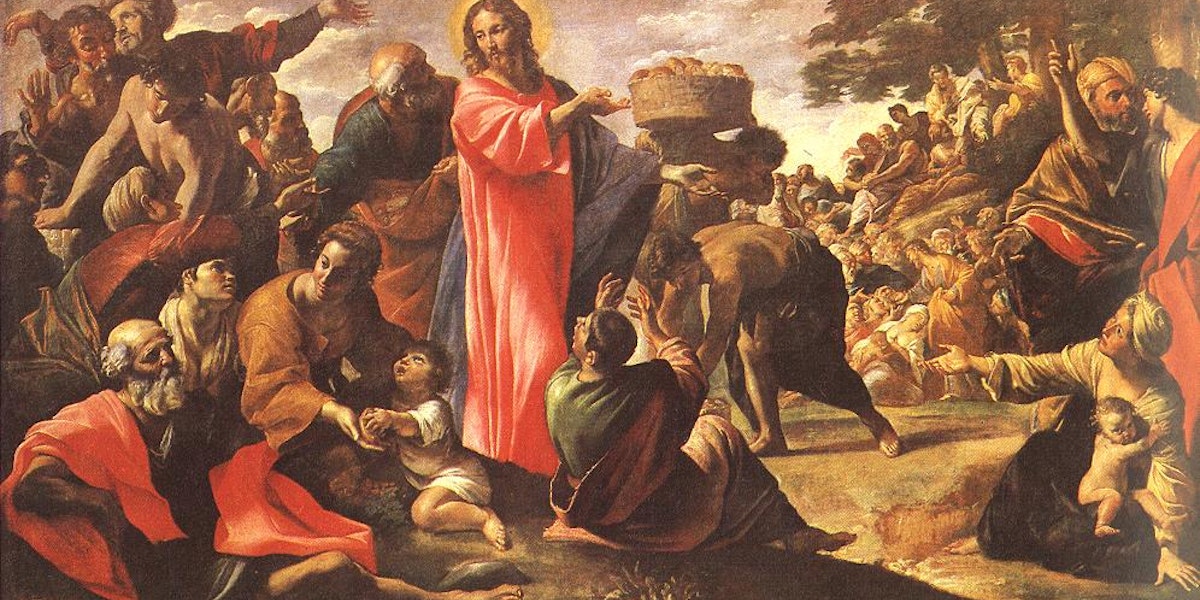 a painting of jesus surrounded by people