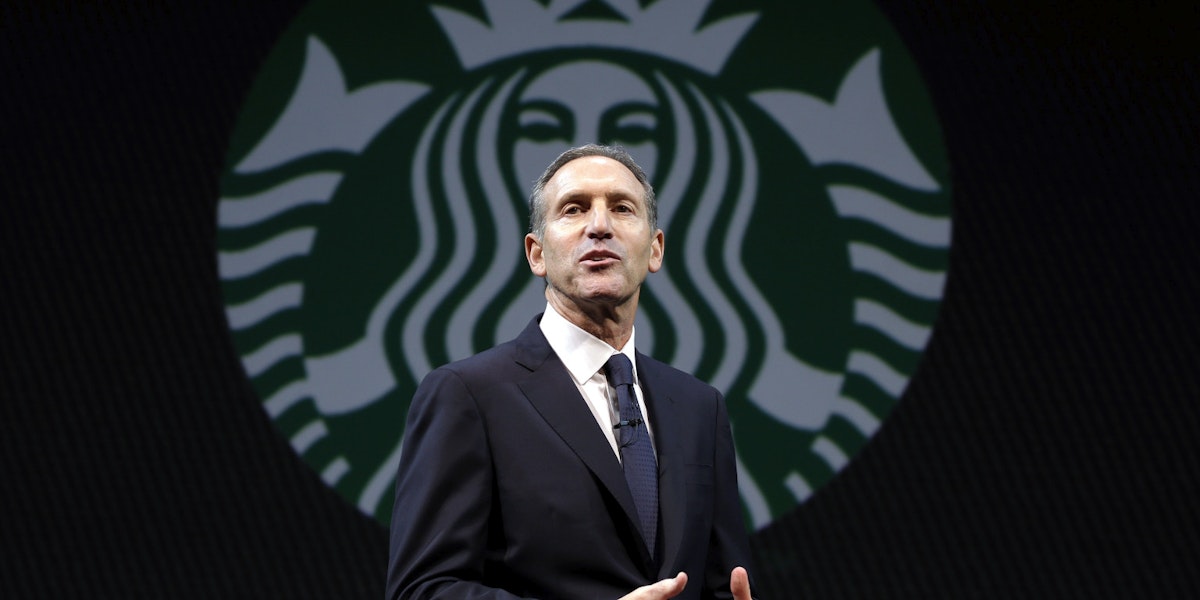 Starbucks CEO Howard Schultz speaks at the company's annual shareholders meeting, Wednesday, March 20, 2013, in Seattle, Wash. (AP Photo/Ted S. Warren)