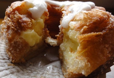 Close up photograph of a desert filled with custard