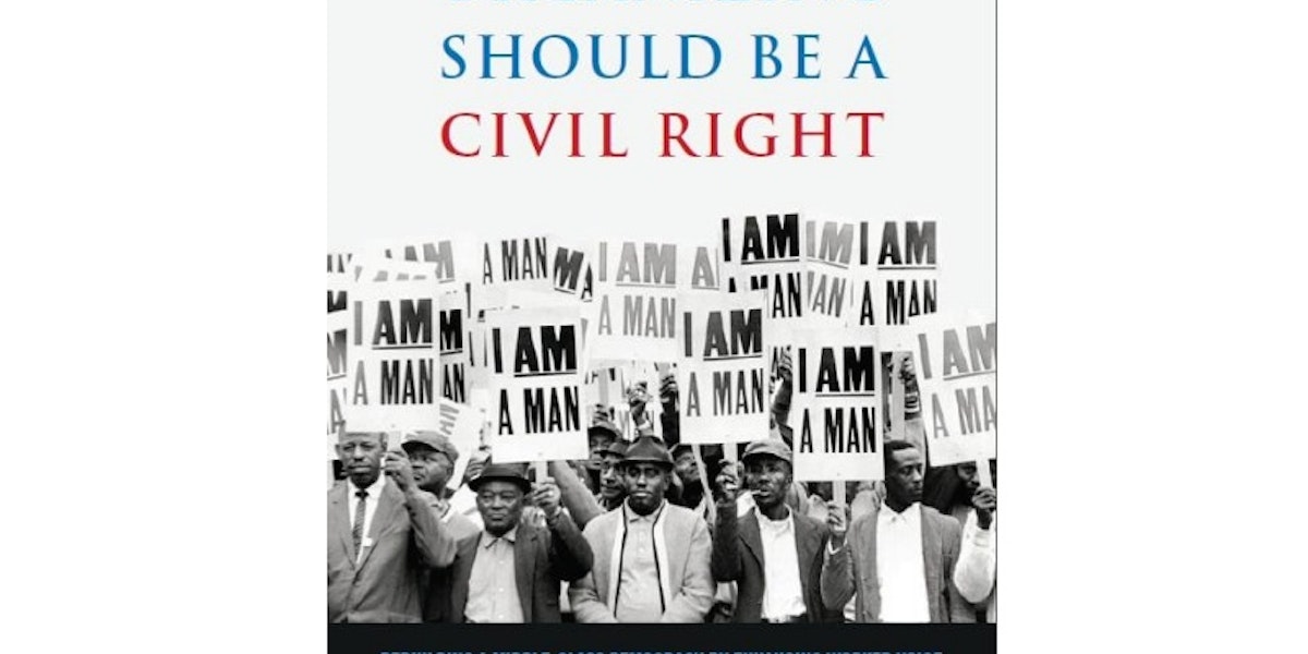 a book cover with a group of men holding signs