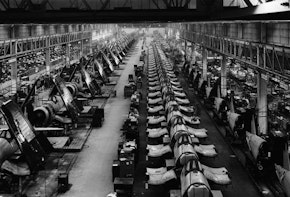 ca. 1939-1945, Stratford, Connecticut, USA --- Airplane factory in Stratford, Connecticut, World War II, which produced over 6,000 Corsairs- fighter planes with fold-up wings for use on board aircraft carriers. --- Image by © Bettmann/CORBIS