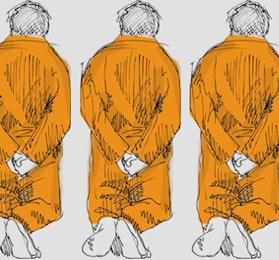 a line drawing of a man in an orange outfit