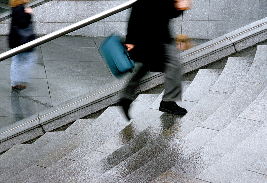 A person walking up the stairs