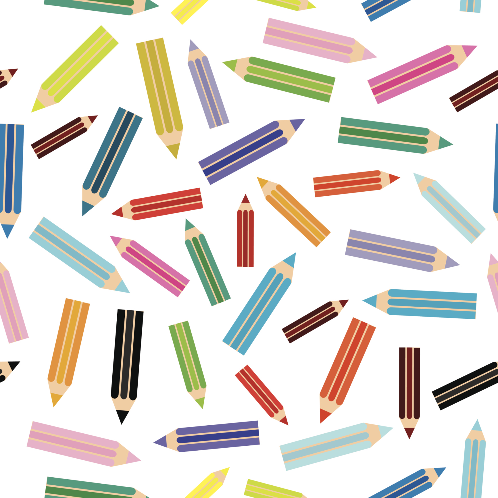 Flat modern seamless pattern colored pencils on white background. Vector