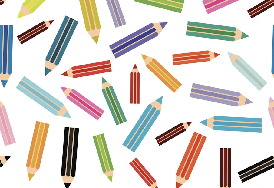 Flat modern seamless pattern colored pencils on white background. Vector