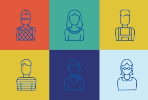 Vector graphic of an 2x5 array of portrait illustrations of different type of employees