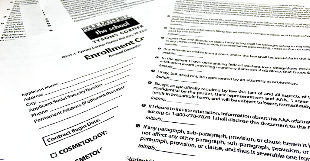 Paul Mitchell School Tysons Corner Enrollment Contract. Photo taken by author.
