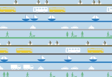 Graphic of different types of transportation including driving, boating, walking, and biking