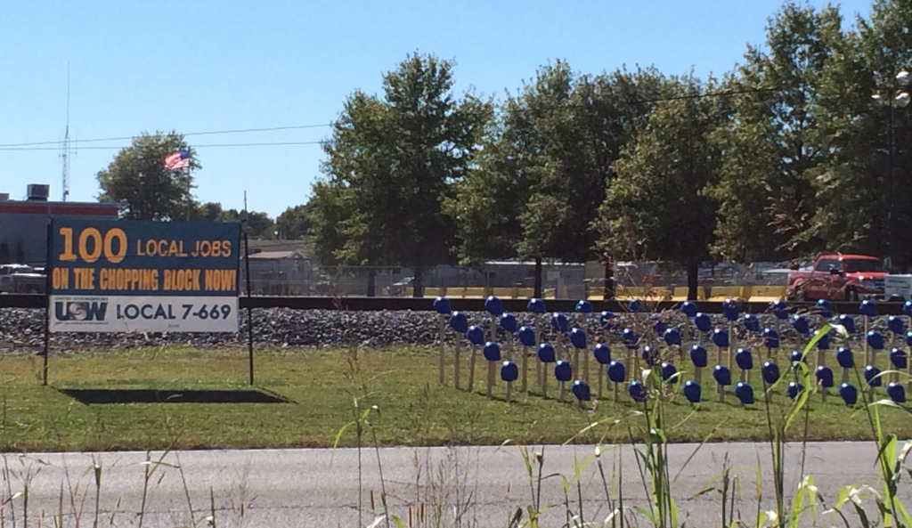Honeywell lockout in Metropolis, IL. Each hardhat represents a worker who is locked out. Photo Taken By Author.
