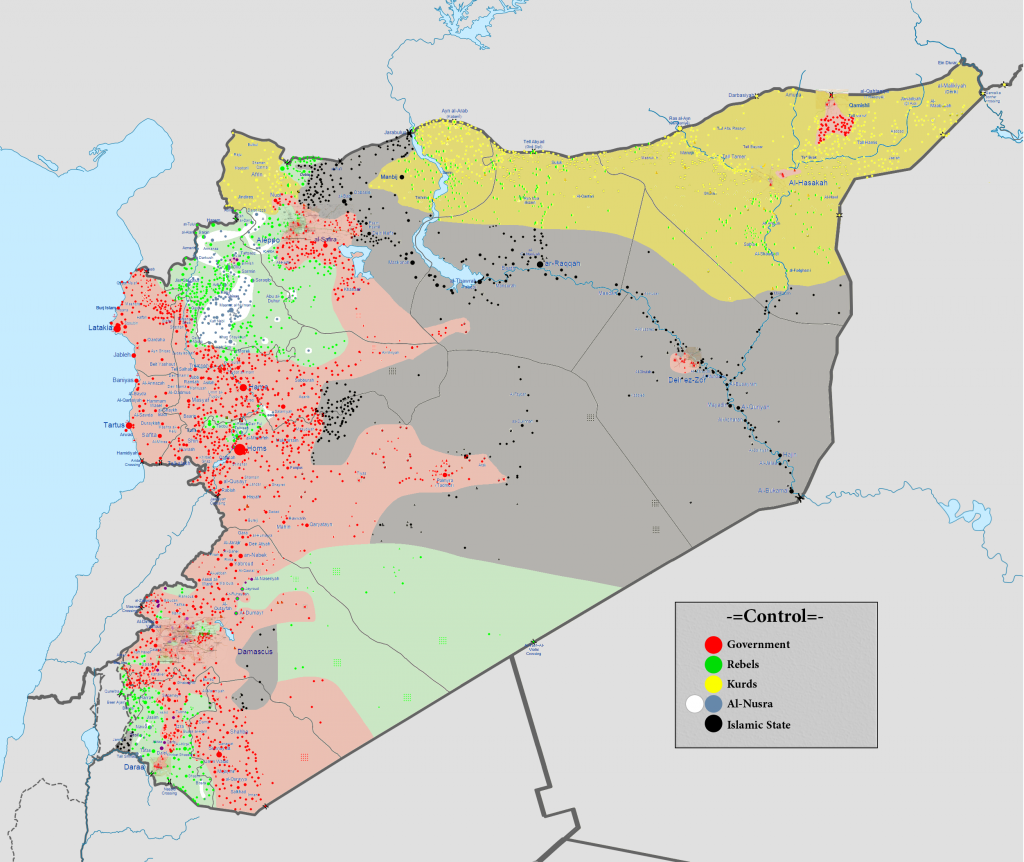 Source: Wikimedia, Cities and towns during the Syrian Civil War. View original source for image detail. 