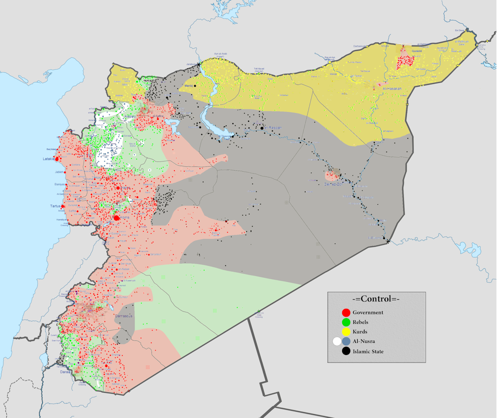 Source: Wikimedia, Cities and towns during the Syrian Civil War. View original source for image detail.
