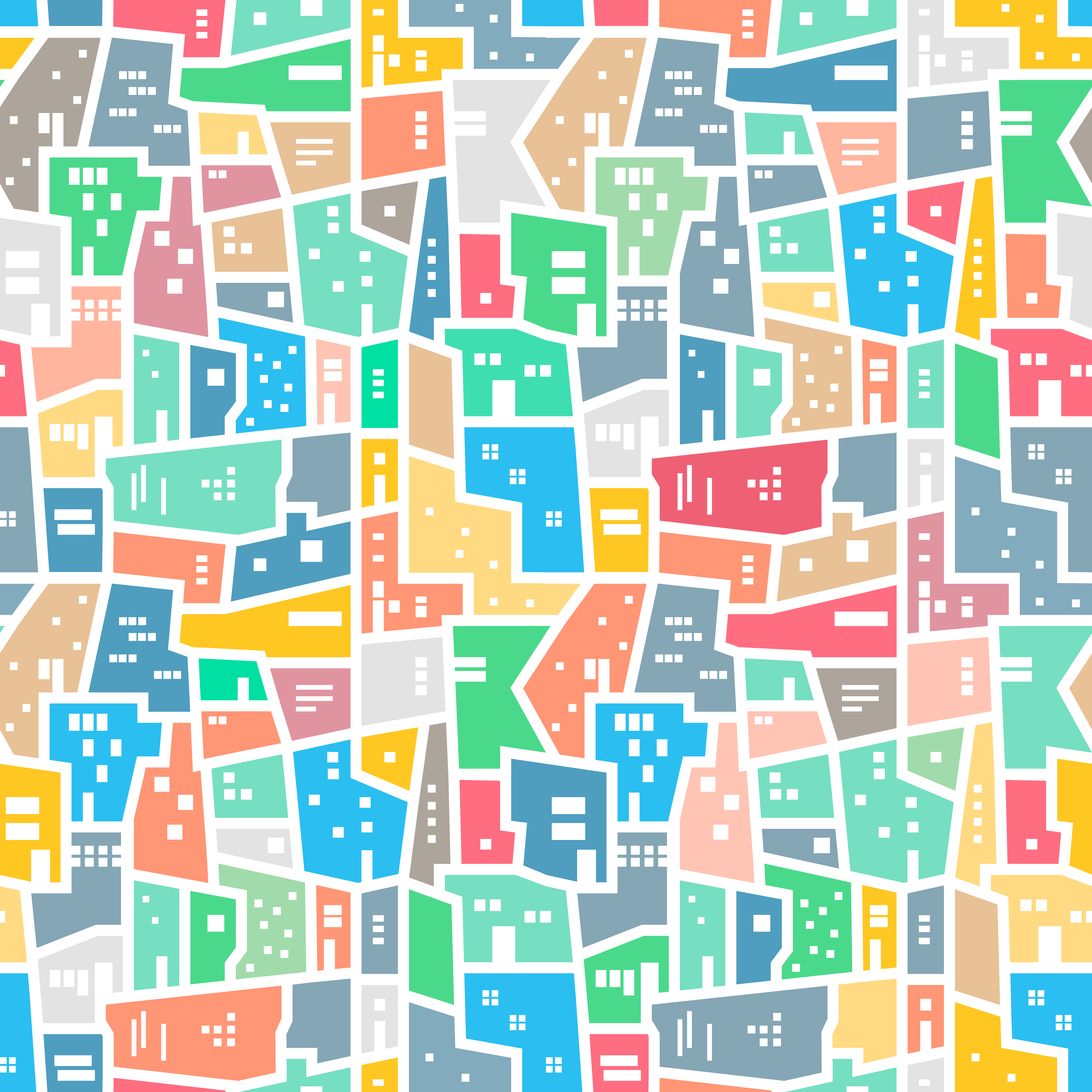 Brazilian favela. Landscape with city blocks. Bright colored seamless pattern. Vector background.