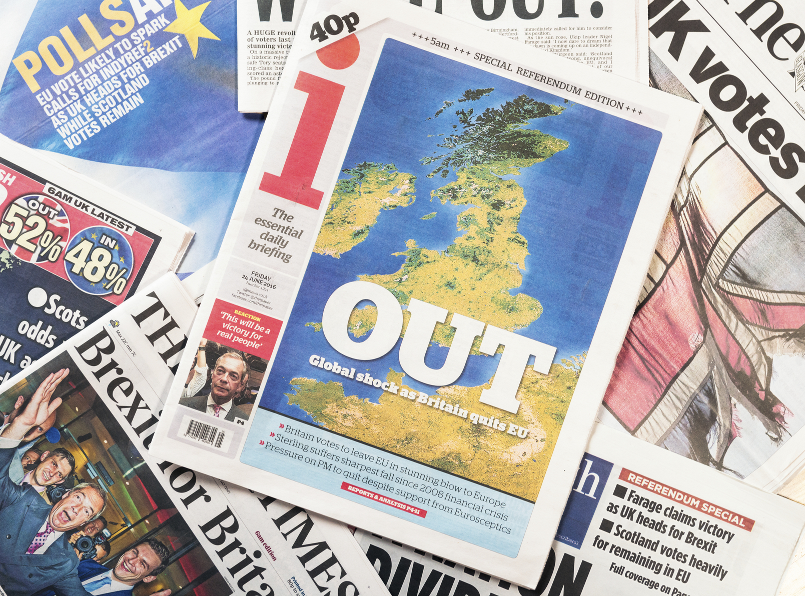 Edinburgh, UK - June 24, 2016: British newspaper front page headlines featuring the 'out' result in the British referendum on European Union membership held on 23rd June 2016.