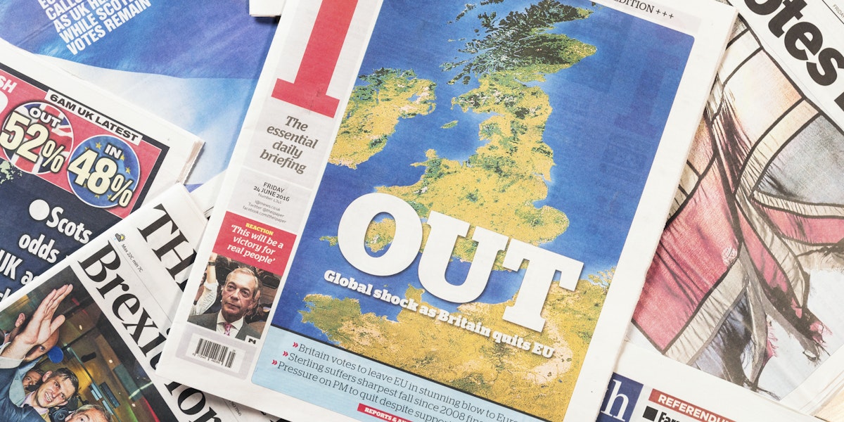 Edinburgh, UK - June 24, 2016: British newspaper front page headlines featuring the 'out' result in the British referendum on European Union membership held on 23rd June 2016.