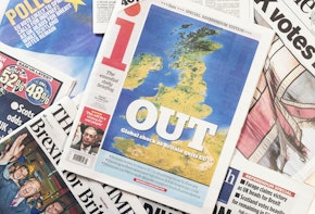 Edinburgh, UK - June 24, 2016: British newspaper front page headlines featuring the 'out' result in the British referendum on European Union membership held on 23rd June 2016.