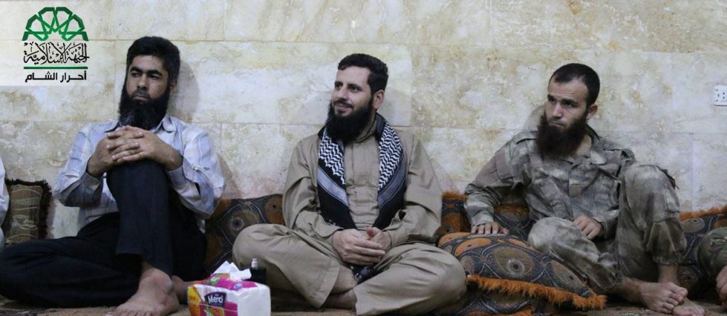 Ahrar al-Sham leader Muhannad al-Masri (Abu Yehya al-Hamawi) visits commanders in southern Idlib. Source: Screenshot taken by Author/@ Ahrar_Lens.