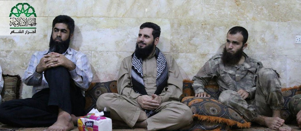 Ahrar al-Sham leader Muhannad al-Masri (Abu Yehya al-Hamawi) visits commanders in southern Idlib. Source: Screenshot taken by Author/@ Ahrar_Lens.