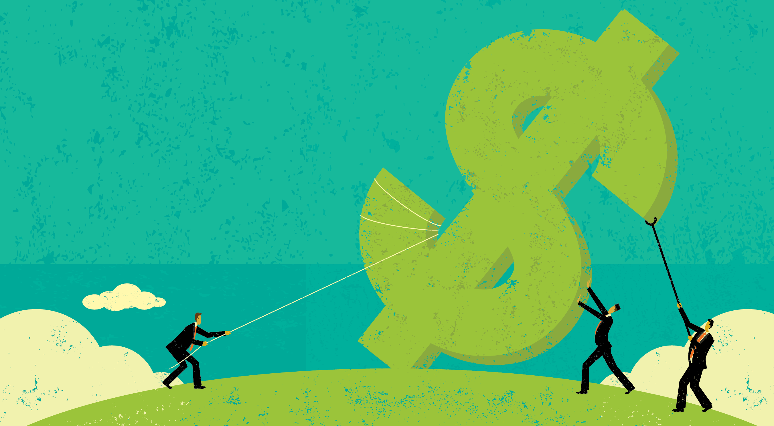 a group of people pulling a giant dollar sign
