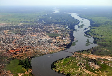 Aerial of Juba, the capital of South Sudan, with the river Nile running in the middle. Juba downtown is upper middle close to the river, and the airport can be seen upper left. The picture is from the south to the north.