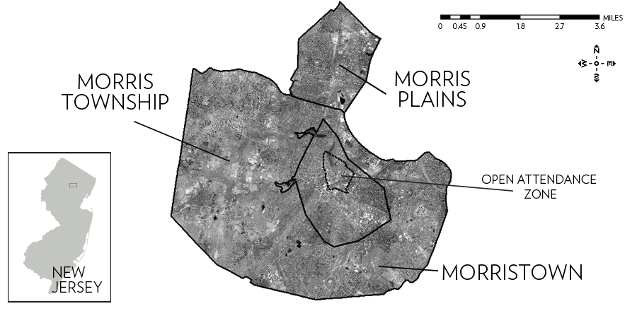 Figure 1. Orthophotography of the Morris School District, New Jersey. U.S. Census Bureau (2010), Decennial Census; N.J. Office of Information Technology (NJOIT), Office of Geographic Information Systems (OGIS) (2012), New Jersey High Resolution Orthophotography, and (2015), Municipal Boundaries; Morris School District (2016), Open Enrollment Boundary.