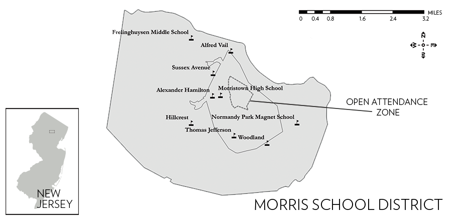 Figure 7. Locations of the Schools in the Morris School District. Source: NJ Office of Information Technology (NJOIT), Office of Geographic Information Systems (OGIS) (2015), Municipal Boundaries and School Point Locations; Morris School District (2016), Open Enrollment Boundary.