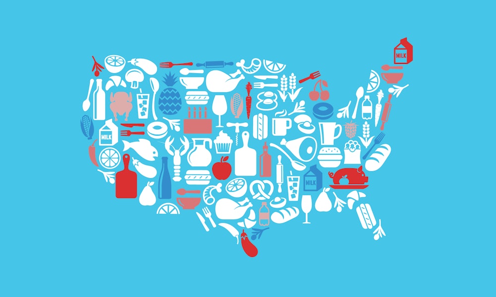 A map of america with food symbols for states