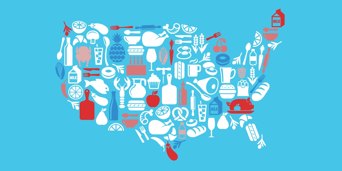 A map of america with food symbols for states
