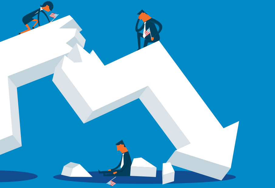 two men in suits are standing on top of an upward arrow