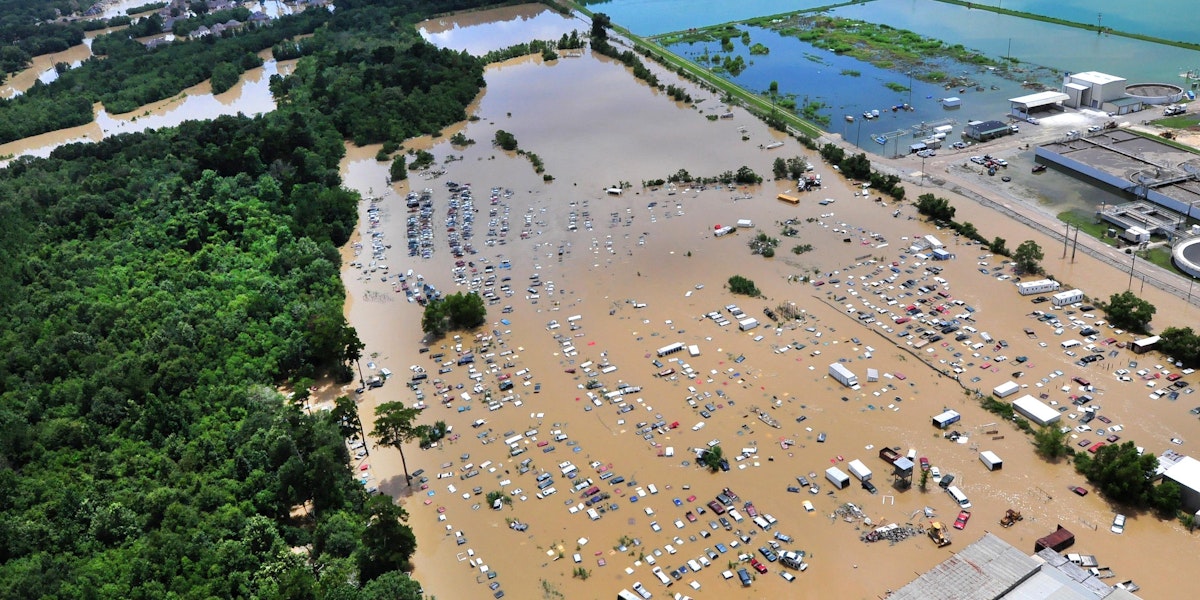An view from an MH-65 Dolphin helicopter shows flooding and devastation in Baton Rouge, La., Aug. 15, 2016, where service members have rescued residents and provided relief. Coast Guard photo by Petty Officer 1st Class Melissa Leake
