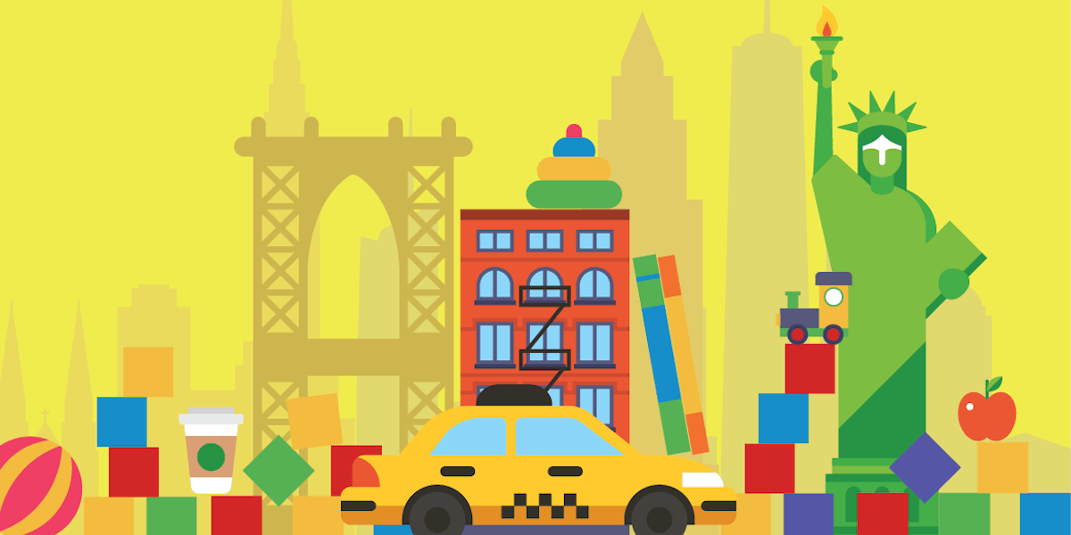 a yellow taxi cab driving past a statue of liberty