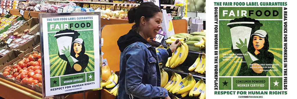 A Stop & Shop customer in Teaneck, NJ browses produce alongside a brand-new Fair Food Program point of sale display. (Left) The Fair Food label. (Right) Source: