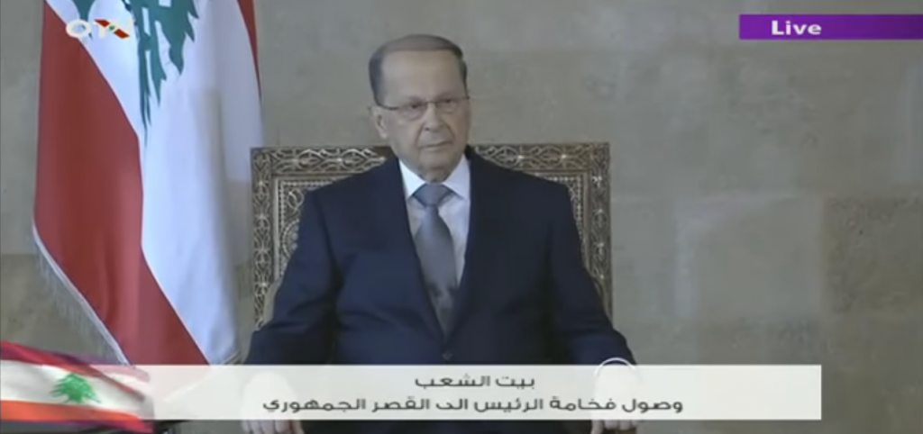 Newly elected Lebanese President Michel Aoun sits for the first time in the presidential chair at Baabda Palace. Source: