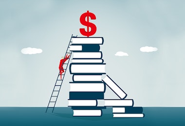 a man climbing a ladder to reach a stack of books